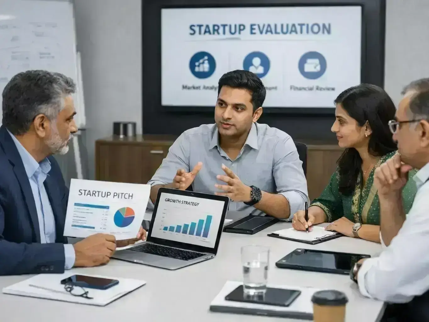 Consultant explaining merger strategy to startup founders beside a village road in Bangarda Chhota