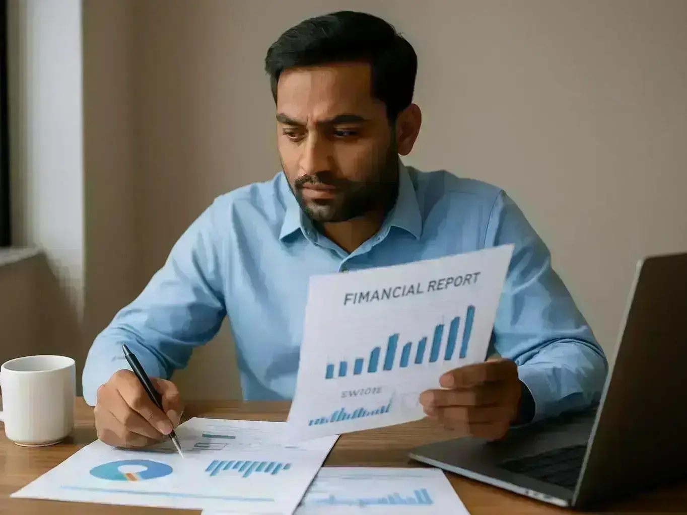 Bookkeeper organizing receipts and invoices in a Mhow office during monsoon season