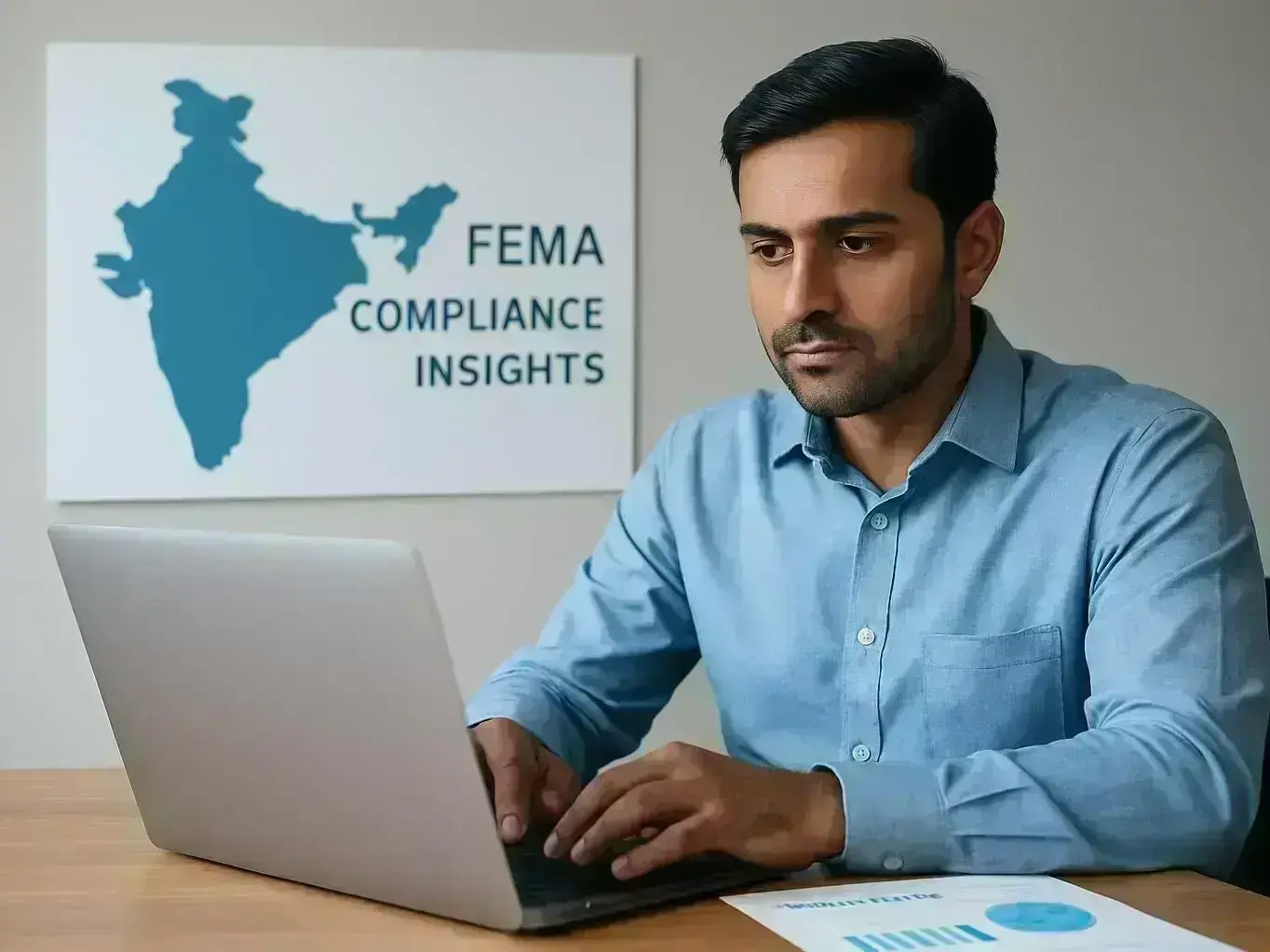 Startup consultant reviewing FEMA compliance documents in Pithampur industrial office