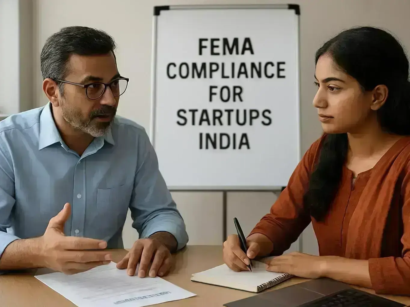 Financial advisor explaining regulatory compliance impact on startup finances in Pithampur Colony