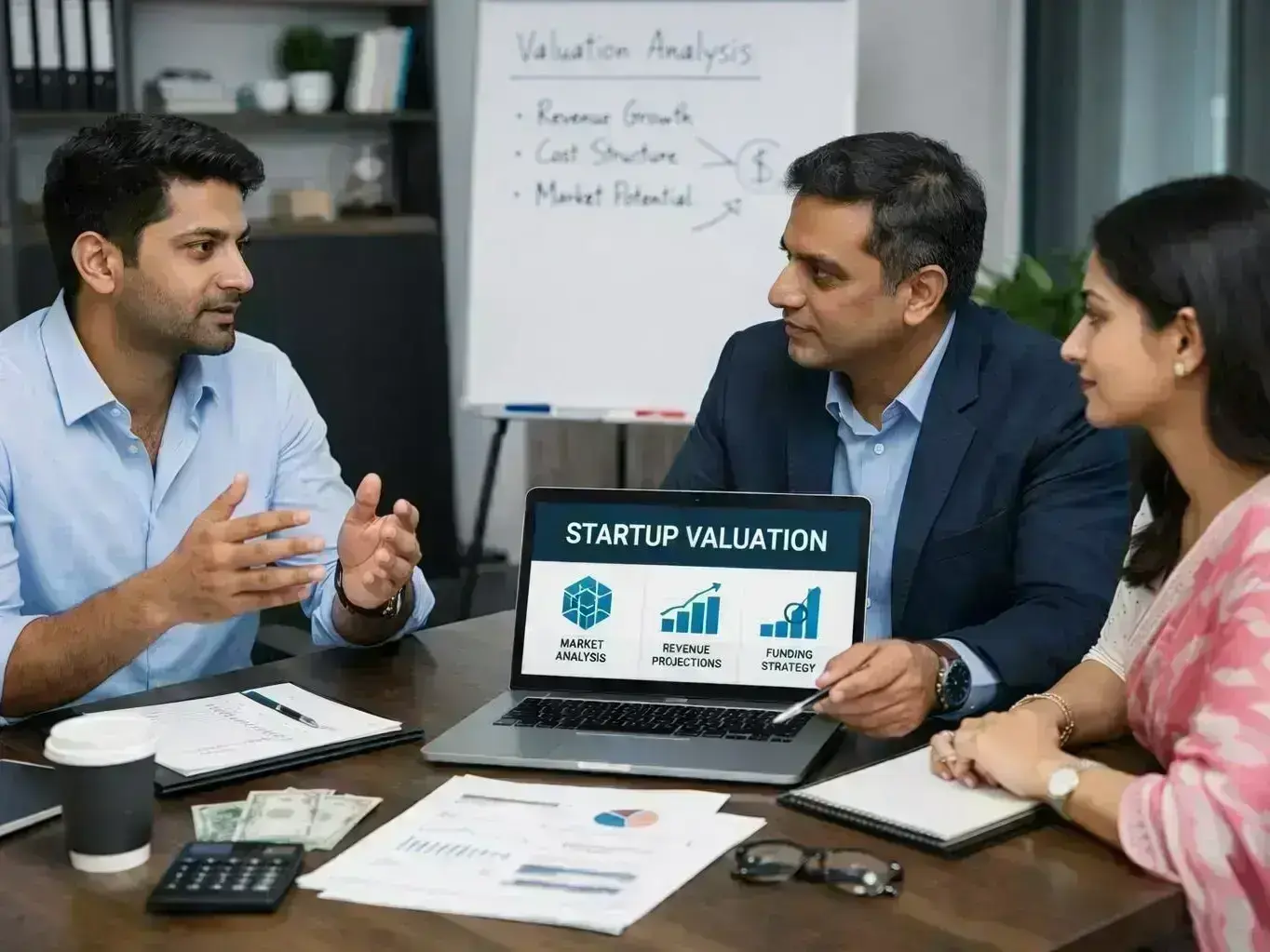 Financial analyst explaining due diligence report to startup founders near Dharampuri Lake