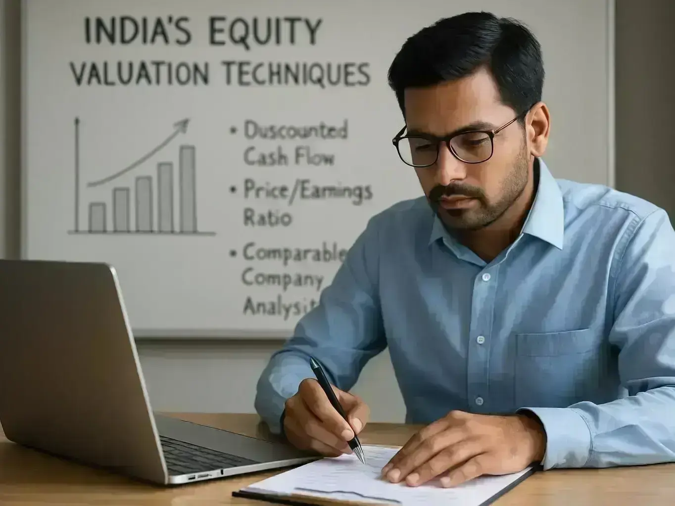 Startup consultant reviewing purchase price allocation documents in Pithampur Industrial Area office