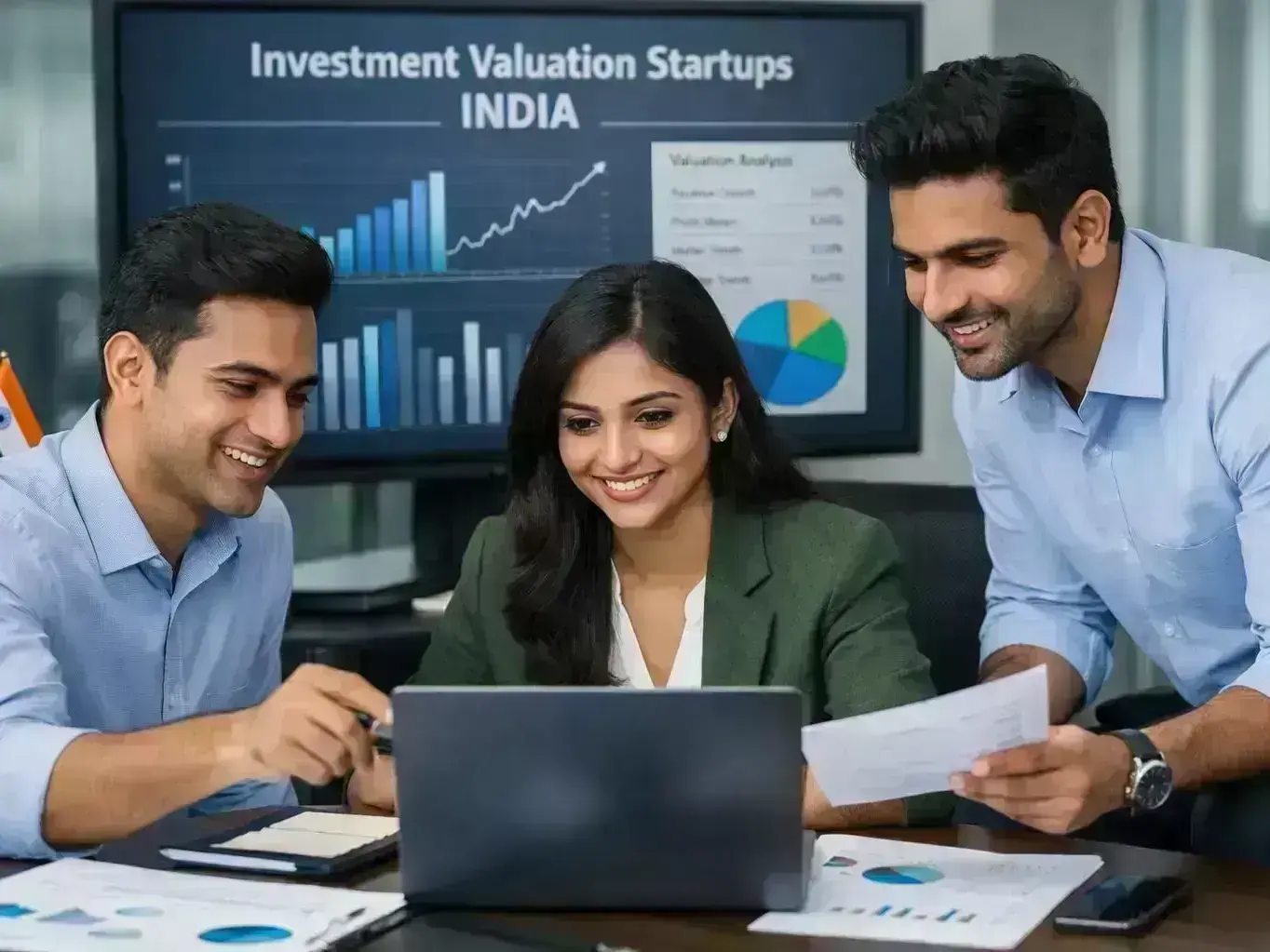 Financial advisor explaining valuation reports for Pithampur startup acquisition