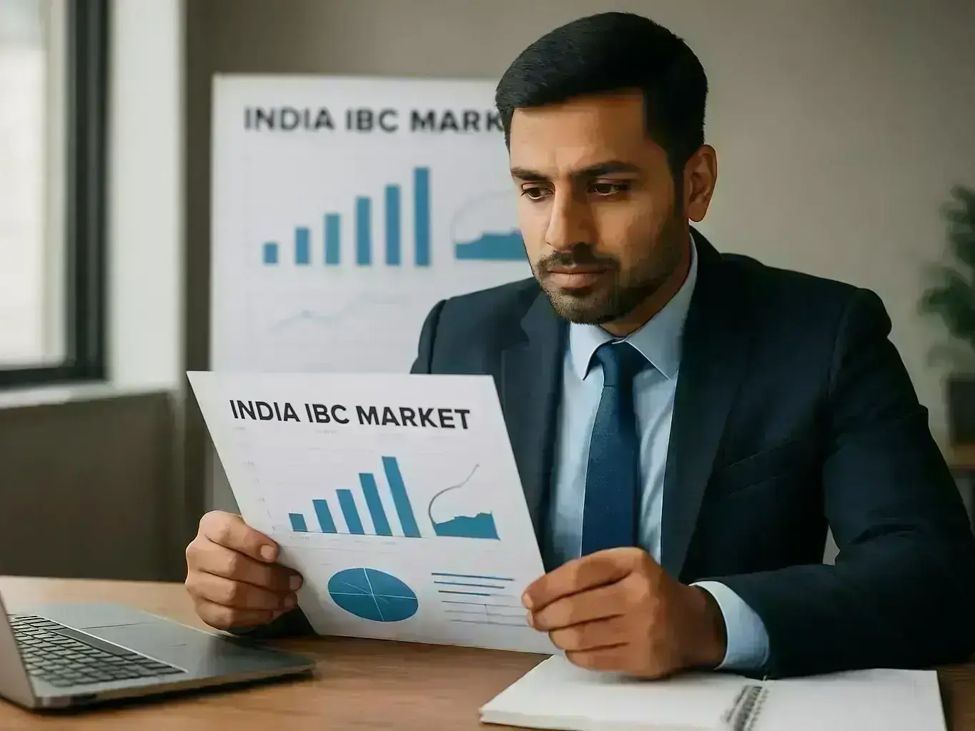 Financial expert analyzing share valuation reports with Betma market area backdrop