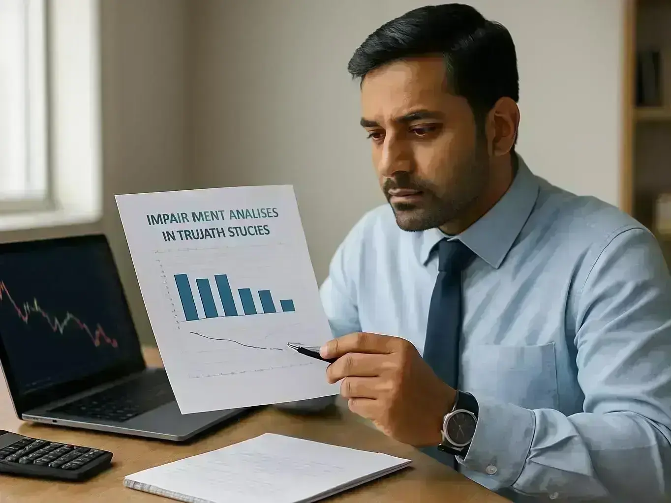 Startup consultant RV Gaurav Maheshwari reviewing share impairment reports in Betma office