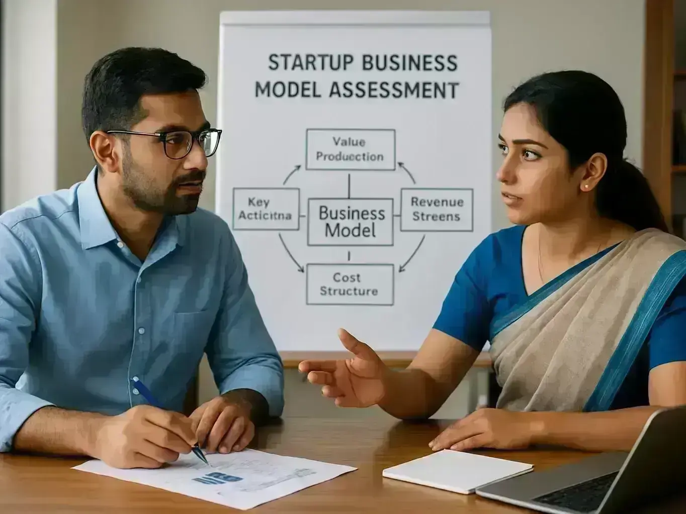 Consultant explaining FDI rules to Bangarda Chhota entrepreneur near village road